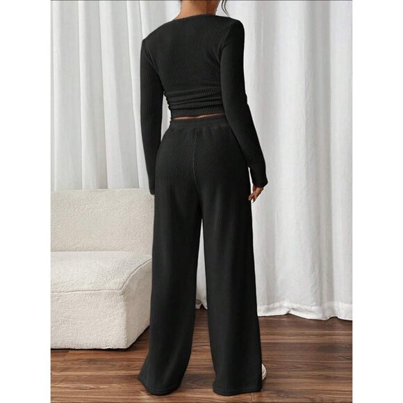 2 piece set: ribbed knit long sleeve tee & elastic waist pants lounge gray - Picture 4 of 9